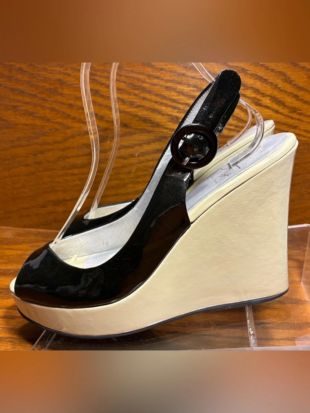 Le Due Due Farina Slingback Platform Wedges Black w/Gold Shimmer Ivory Patent 8